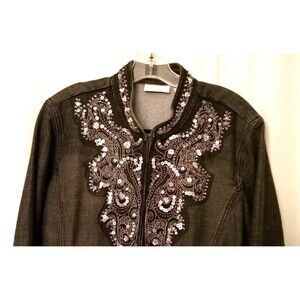 Chico's Sequin Beaded & Embroidered Black Denim Jacket Size 3 Boutique CHIC